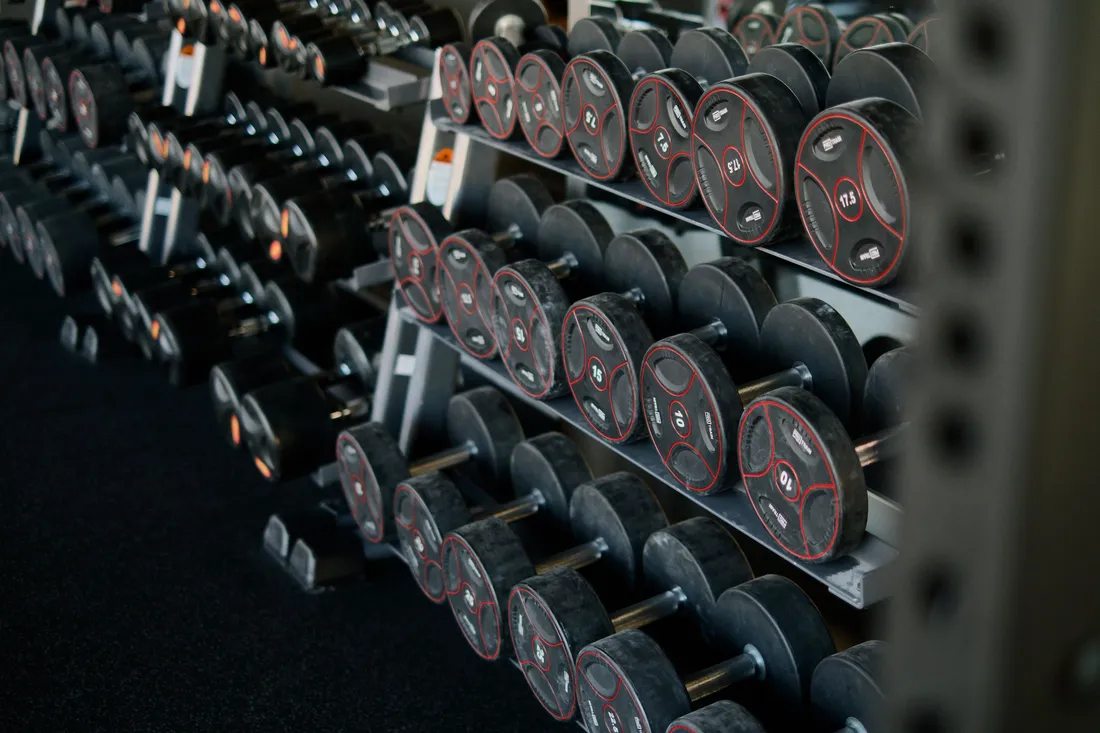 Rows of black dumbbells on a rack, receding into the dark