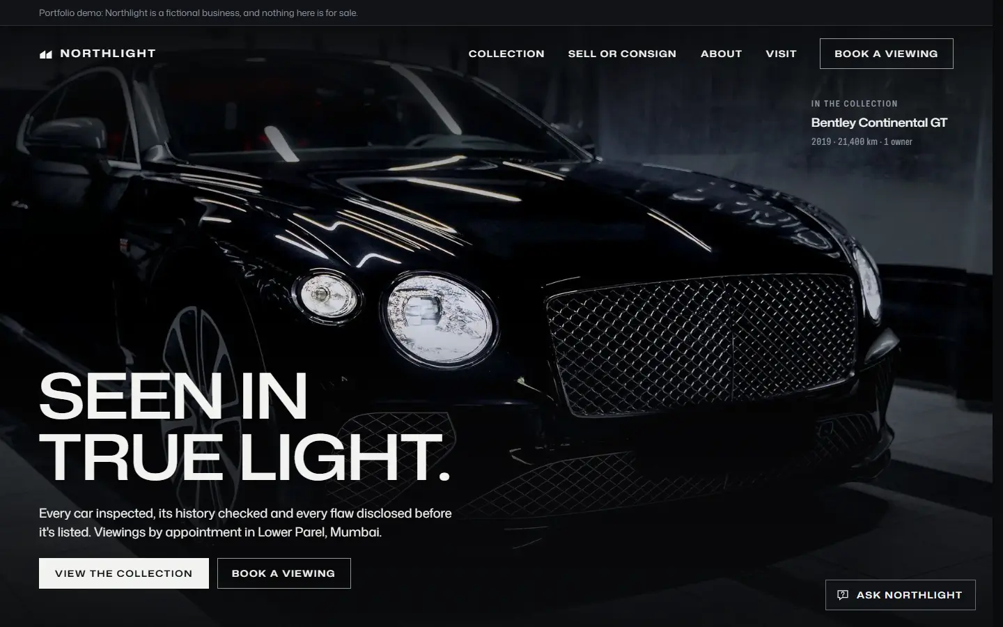 The Northlight demo site on a laptop: a black saloon in a dark studio under the headline Seen in true light.