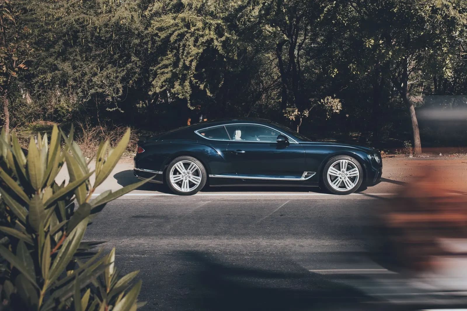 A deep blue grand tourer parked side-on under trees