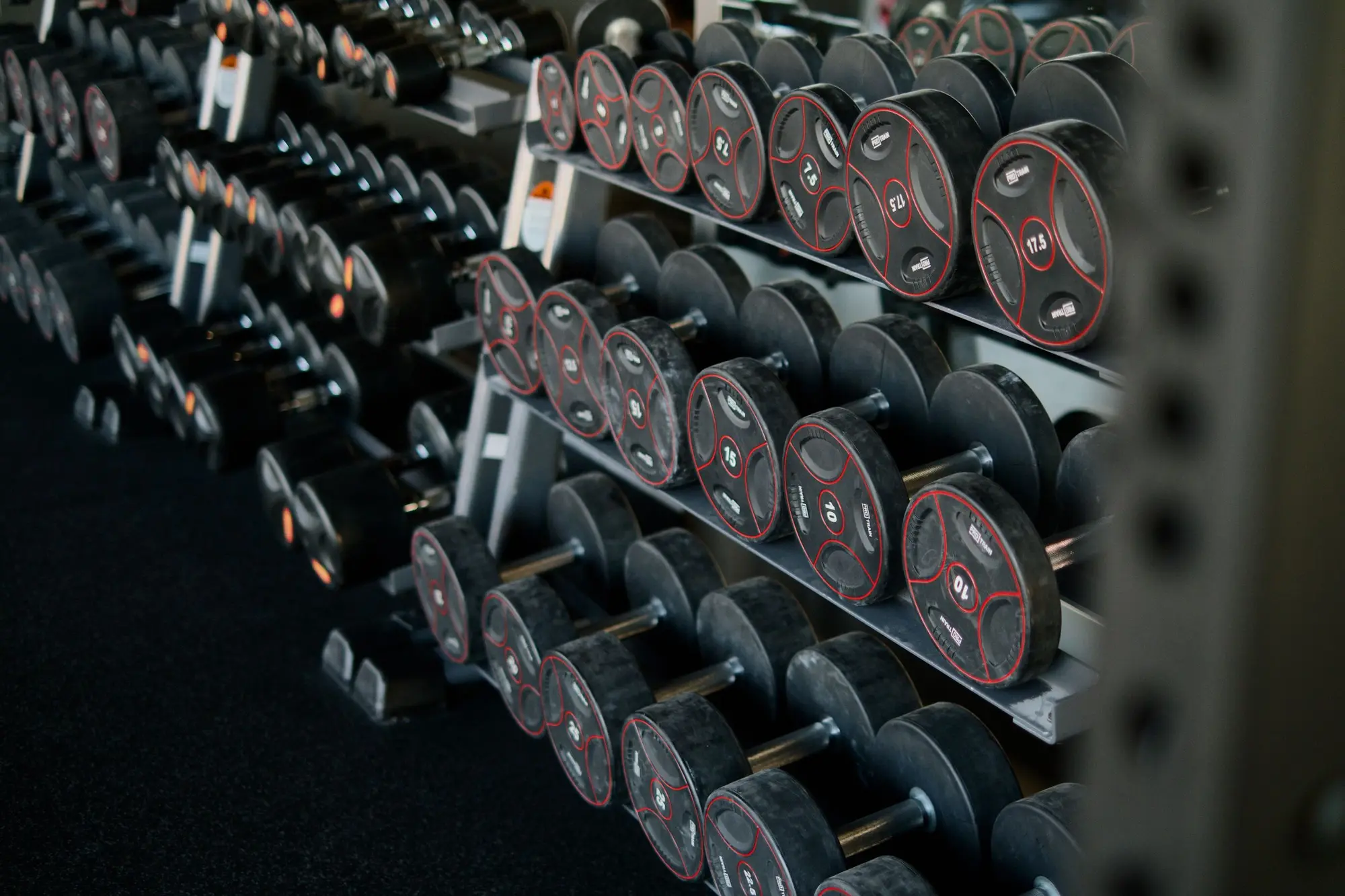 Long racks of round dumbbells receding into a dim gym